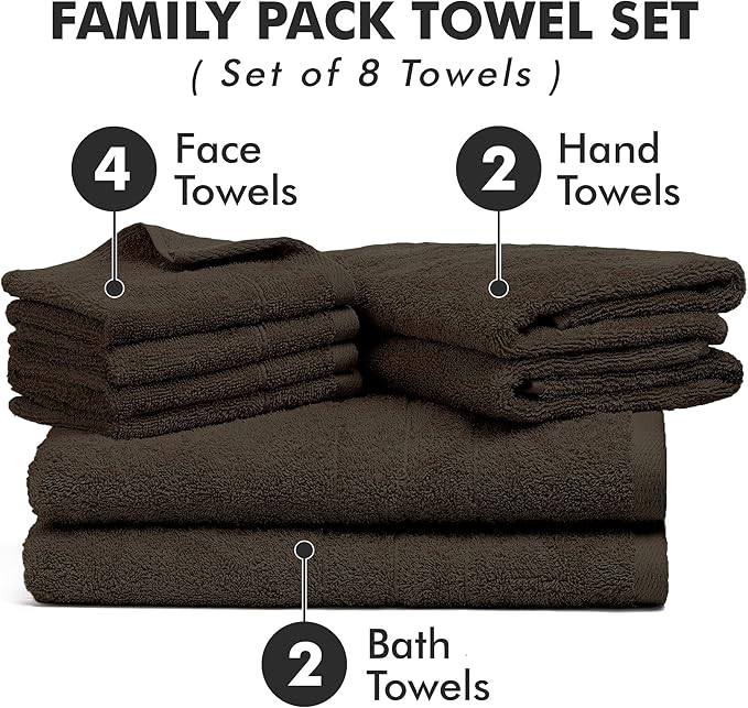 Bath Towels Set of 8 – 100% Cotton (Dark Brown) Bathroom Towel Set Bale Includes 2 Bath, 2 Hand, 4 Face Towels – Soft, Absorbent & Quick Dry Towel for Bathroom, Spa, Kitchen, Hotel Use