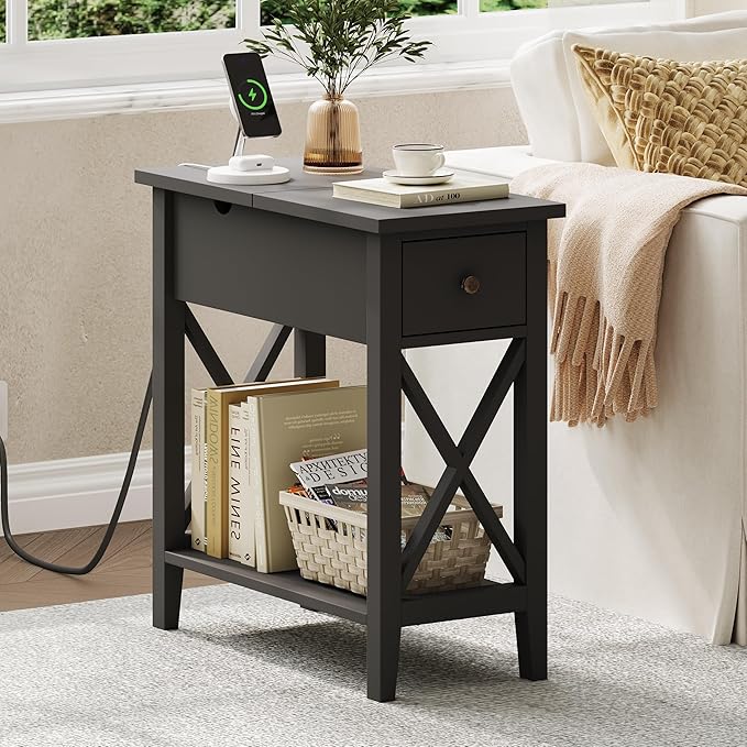 ChooChoo End Table with Charging Station, Narrow Side Table with USB Ports and Outlets, Nightstand with Drawer, for Small Spaces, Bedside Tables for Living Room, Black