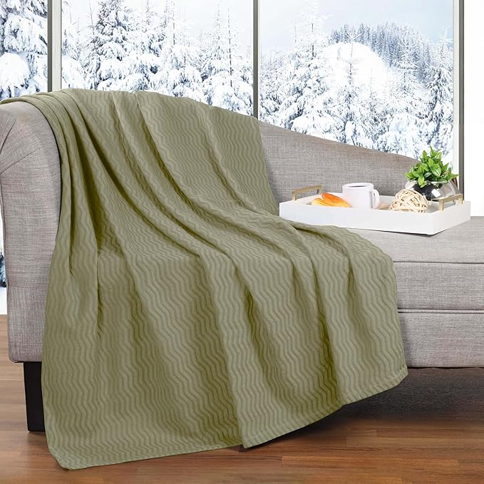 Superior JENA Cotton Blanket, for Picnic, Beach, Traveling or Camping, Bedroom Decor, Essentials, Cover for Bed, Couch, Lounging, Textured Jacquard, Modern Chevron Woven Blanket, Full/Queen, Sage
