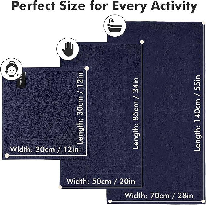 Bath Towels Set of 8 – 100% Cotton (Navy Blue) Bathroom Towel Set Bale Includes 2 Bath, 2 Hand, 4 Face Towels – Soft, Absorbent & Quick Dry Towel for Bathroom, Spa, Kitchen, Hotel Use