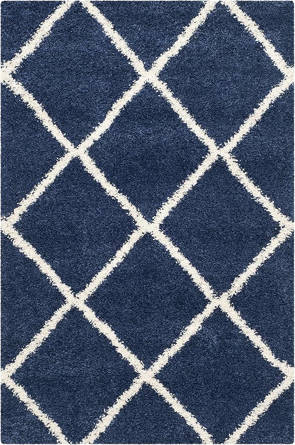 SAFAVIEH Hudson Shag Collection Accent Rug - 4' x 6', Navy & Ivory, Modern Trellis Design, Non-Shedding & Easy Care, 2-inch Thick Ideal for High Traffic Areas in Foyer, Living Room, Bedroom (SGH281C)