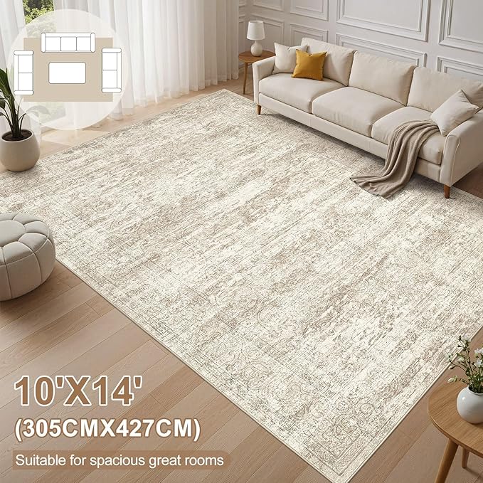 Area Rug Living Room Rugs - 10x14 Abstract Large Soft Indoor Washable Rug Neutral Modern Low Pile Carpet for Bedroom Dining Room Farmhouse Home Office - Vintage Beige