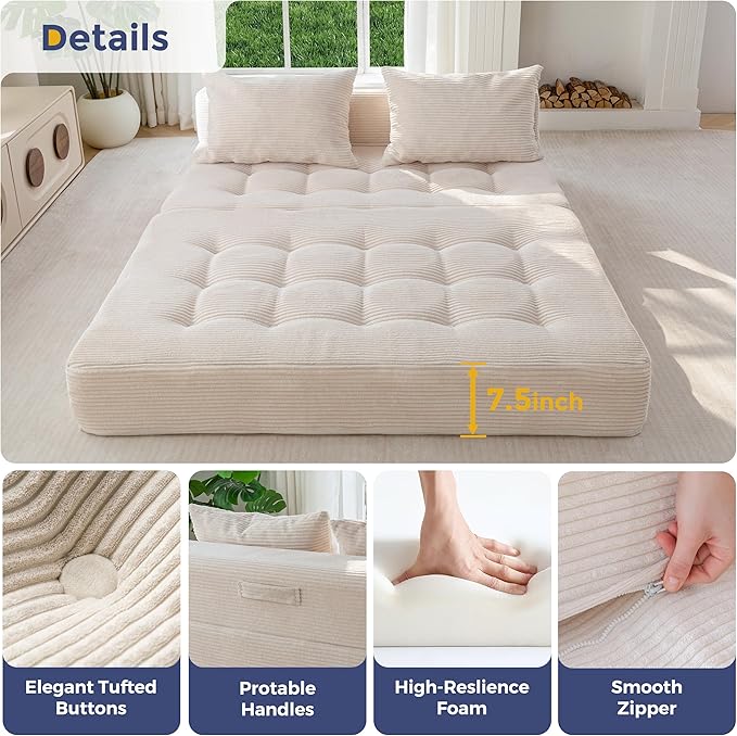 MAXYOYO Folding Sofa Couch, Convertible Floor Sleeper Couch with 2 Pillows, Tufted Floor Loveseat Couch Tufted Fold Out Chair Bed Comfy Sofa Lounge for Living Room Bedroom, Beige
