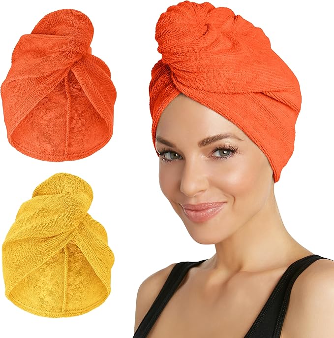 Turbie Twist 2-Pack Microfiber Hair Towel for Beauty, Travel, Gifting - Wrap Turban for Straight, Wavy & Curly Hair - Premium Personal Care- Golden Rod & Orangeade