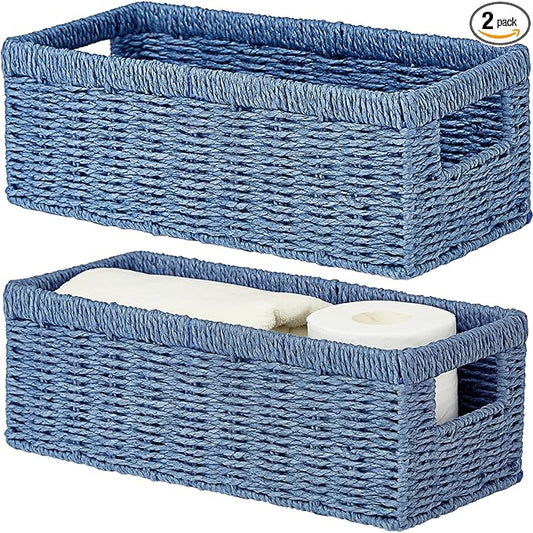 Vagusicc Wicker Storage Basket, Paper Rope Wicker Baskets with Handles, Toilet Paper Basket for Toilet Tank Top, Small Wicke Baskets for Organizing Shelves, 2-Pack, Blue