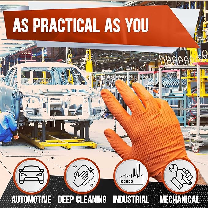 8 Mil Orange Nitrile Gloves Mechanic Grade, Oil & Chemical Resistant, Heavy-Duty Disposable for Auto Repair