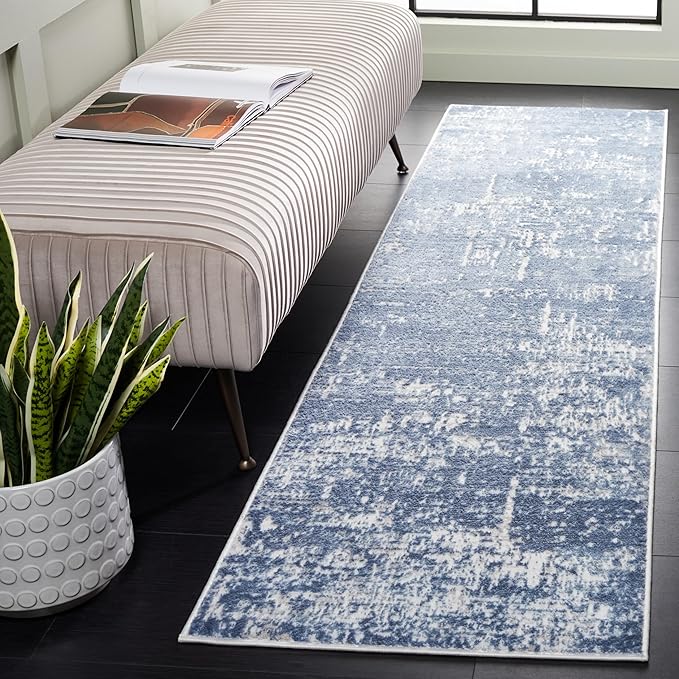 SAFAVIEH Amelia Collection Area Rug - 2'2" x 6' Runner, Ivory & Steel Blue, Modern Abstract Design, Non-Shedding & Easy Cleaning, Ideal for Living Room, Hallway, Foyer, Entryway, Bedroom (ALA700D)