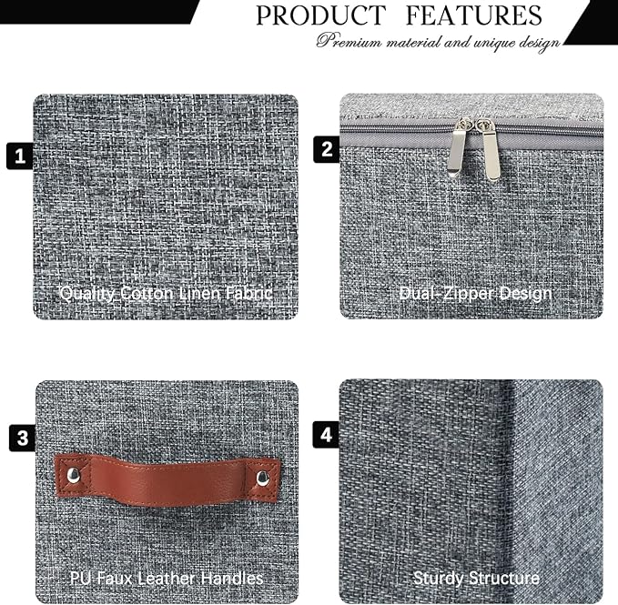 Storage Bins with Zipper Lid and PU Leather Handle 3 Pack Cotton Linen Fabric Lidded Storage Boxes Baskets Washable Collapsible Shelf Closet Organizer Container(Updated Gray, Large Size)