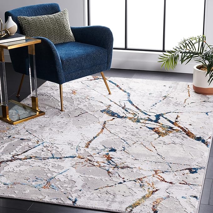 SAFAVIEH Amelia Collection Accent Rug - 4'5" x 6'5", Grey & Blue Gold, Modern Abstract Design, Non-Shedding & Easy Care, Ideal for High Traffic Areas in Entryway, Living Room, Bedroom (ALA293M)