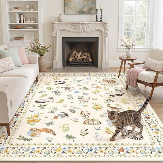 Cat 6x9 Area Rugs for Living Room, Machine Washable Animal Floral Vintage Rug Non-Slip Low Pile Soft Throw Rugs for Bedroom Dining Room Kitchen Nursery Playroom (6 x 9,Beige)