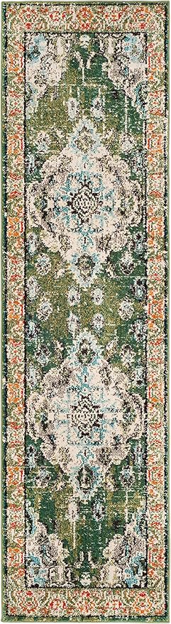 SAFAVIEH Monaco Collection Runner Rug - 2'2" x 6', Forest Green & Light Blue, Non-Shedding & Easy to Clean, Distressed Medallion Design, Ideal for Hallway, Foyer, Entryway, Kitchen, Bedroom (MNC243F)