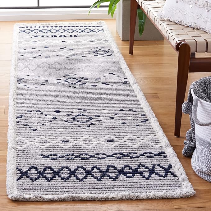SAFAVIEH Marrakech Collection Runner Rug - 2'2" x 8', Grey & Navy, Moroccan Boho Tribal Rustic Design, Non-Shedding & Easy Care, Ideal for High Traffic Areas in Living Room, Bedroom (MRK612F)