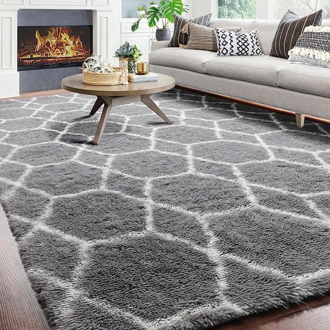 ONASAR 8x10 Area Rugs for Living Room, Fluffy Grey and White Bedroom Rug, Geometric Boho Large Soft Plush Shaggy Fuzzy Floor Carpet for Nursery Kids Classroom Playroom Dorm Home Decor