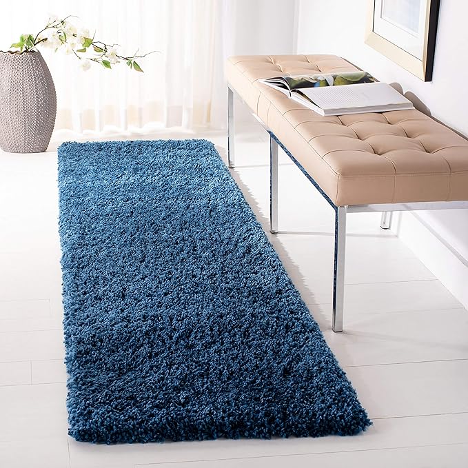 SAFAVIEH Fontana Shag Collection Runner Rug - 2'3" x 6', Blue, Solid Design, Non-Shedding & Easy Care, 2-inch Thick Ideal for High Traffic Areas in Living Room, Bedroom (FNT800M)
