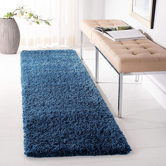 SAFAVIEH Fontana Shag Collection Runner Rug - 2'3" x 8', Blue, Solid Design, Non-Shedding & Easy Care, 2-inch Thick Ideal for High Traffic Areas in Living Room, Bedroom (FNT800M)