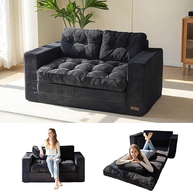 MAXYOYO Convertible Sofa Bed, Pull Out Loveseat Sleeper Sofa, Folding Couch Bed with Pillows for Living Room, Black