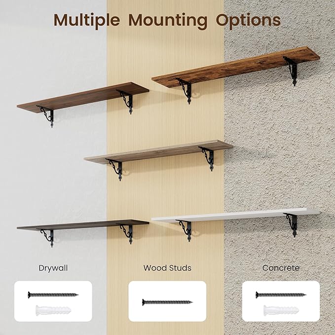 RICHFOCUS Floating Shelves for Wall Decor, 39.4W x 8D Shelves Set of 2, 8 Inch Deep Rustic Wood Shelves Wall Mounted with Brackets, Long Floating Shelves for Living Room Bedroom Kitchen, Rustic Brown