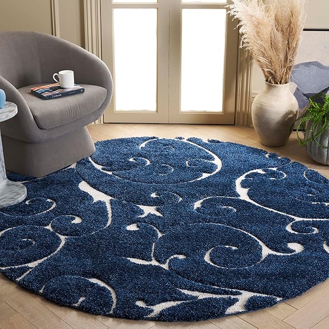 SAFAVIEH Florida Shag Collection Area Rug - 9' Round, Dark Blue & Cream, Scroll Design, Non-Shedding & Easy to Clean, High-Low Plush Pile, Ideal for Living Room, Bedroom, Dining Space (SG455-6511)