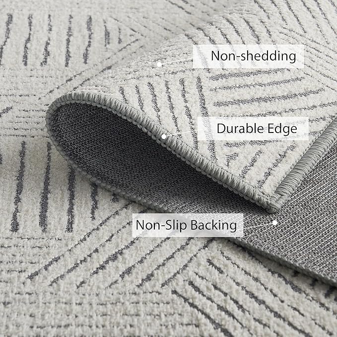 NICETOWN 8x10 White Area Rug for Bedroom, Jacquard Large Thin Washable Rug for Living Room Non-Slip Door Mat, Ultra Soft for Bedroom Living Room Kitchen Home Office, White and Grey