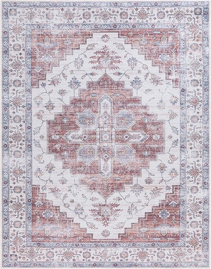 SAFAVIEH Washable Rug Tucson Collection - 8' x 10', Ivory & Rust, Slip Resistant & Easy to Clean, Ideal for Living Room, Bedroom, Dining Space (TSN109A)