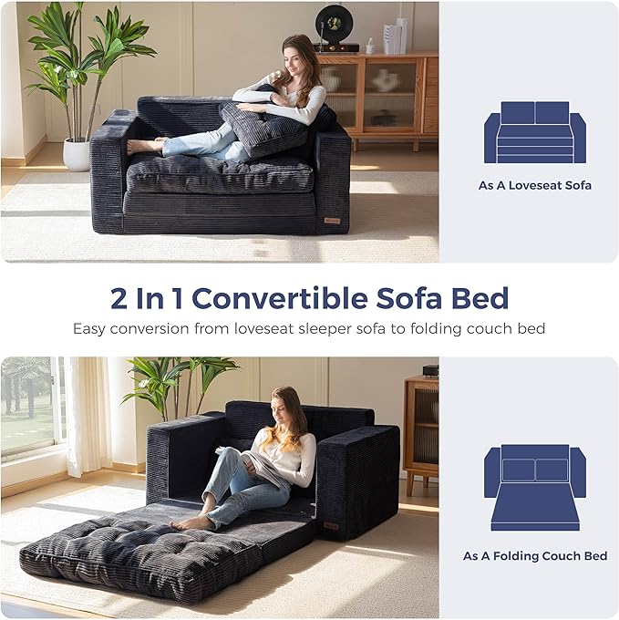 MAXYOYO Convertible Sofa Bed, Pull Out Loveseat Sleeper Sofa, 2 in 1 Folding Couch Bed, Fold Out Floor Couch with Pillows for Living Room Bedroom Lounge, Black