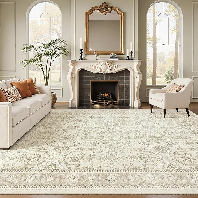 8x10 Area Rugs, Washable Rugs, Large Stain Resistant Beige Area Rug for Living Room Bedroom Dining Room, Vintage Farmhouse Rug