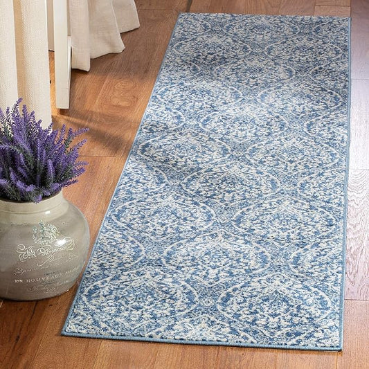 SAFAVIEH Brentwood Collection 2' x 8' Navy / Light Grey BNT860M Floral Damask Ogee Trellis Non-Shedding Living Room Entryway Foyer Hallway Bedroom Runner Rug