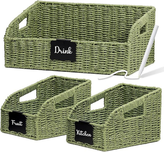 Wicker Baskets for Organizing,Pantry, Kitchen Counter with Handles, Handwoven Woven Storage Baskets for Fruit, Bread, Vegetable, Paper Storage Bins for Shelves, 3 Pack, Green