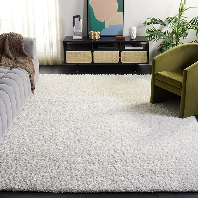 SAFAVIEH August Shag Collection Area Rug - 9' x 12', Ivory, Solid Design, Non-Shedding & Easy Care, 1.5-inch Thick Ideal for High Traffic Areas in Living Room, Bedroom (AUG200C)
