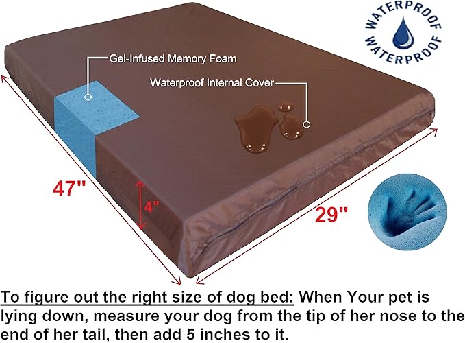 Dogbed4less XL Orthopedic Gel Infused Cooling Memory Foam Dog Bed for Medium to Large Pet and Strong Waterproof Liner, Durable Washable Mirco-Suede Khaki External Cover, 47X29X4 Inches