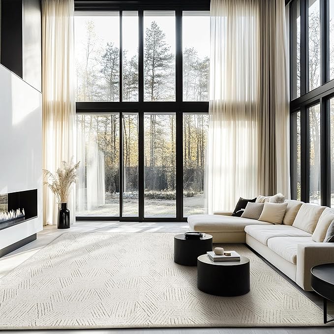 NICETOWN Cream Area Rug 5x7 for Living Room- Non slip Thin Jacquard Brown Machine Washable Rug Geometric Modern for Bedroom Large Entryway Rug with Rubberback Throw Carpet for Bedroom, white and Brown