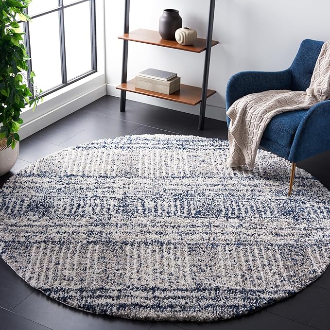 SAFAVIEH Jericho Shag Collection Area Rug - 5' Round, Navy & Ivory, Non-Shedding & Easy Care, 1.2-inch Thick, Ideal for The Living Room, Dining Room, Bedroom (JER100N-5R)