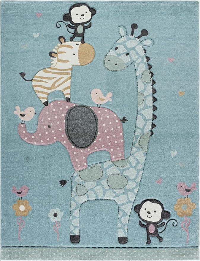 SAFAVIEH Area Rug 8x10 - Carousel Kids 100 Collection - Large - Blue, Animal Design, Non-Shedding & Easy Cleaning, Ideal for Boys & Girls in Playroom, Nursery, Bedroom (CRK120K)