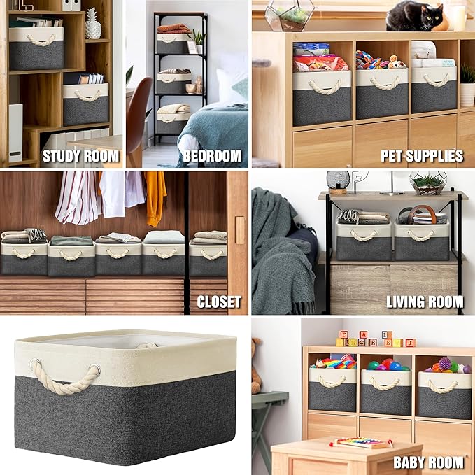 Simple Houseware Large Fabric Storage Bin, 15.7" x 12" with Braided Handles, 3 Pack, Dark Gray