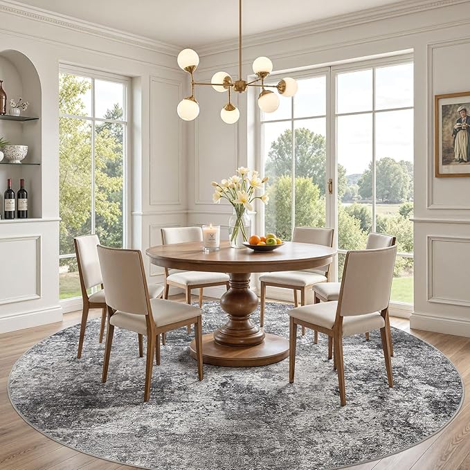 10ft Round Area Rug Living Room Rugs - 10x10 Washable Circle Rug Large Soft Indoor Neutral Modern Abstract Low Pile Carpet for Bedroom Dining Room Farmhouse Home Office - Grey