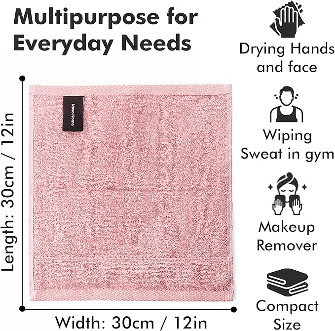 Face Towels Pack of 12 – 100% Cotton Wash Cloths (12x12 inch) – Soft, Quick Dry & Highly Absorbent Hand Towels for Bathroom, Spa, Gym, Kitchen and for Daily Use - (Baby Pink)
