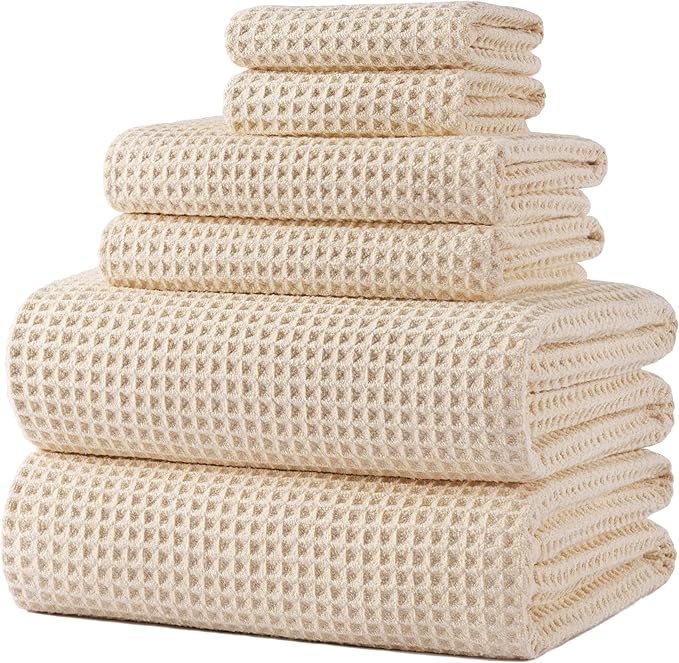 430 GSM Microfiber Quick Dry Lint Free Oversize Bath Towel Set, 6 Piece (Waffle Weave)