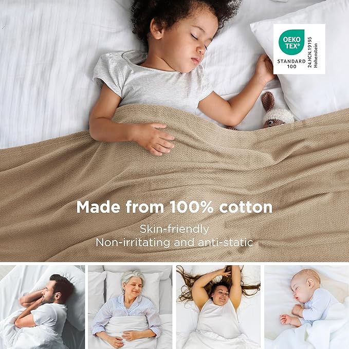 Bedsure GentleSoft 100% Cotton Blanket Queen Size for Bed - Breathable and Lightweight, Soft Cozy Textured Herringbone Woven Blanket for Summer Spring, Light Brown, 90x90 inches