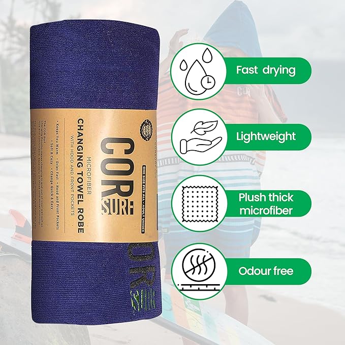 COR Surf Poncho Changing Towel Robe with Hood and Front Pocket — Thick Quick Dry Microfiber Wetsuit Poncho Towel for Surfing Beach Pool Swim (Medium - Retro Sand)