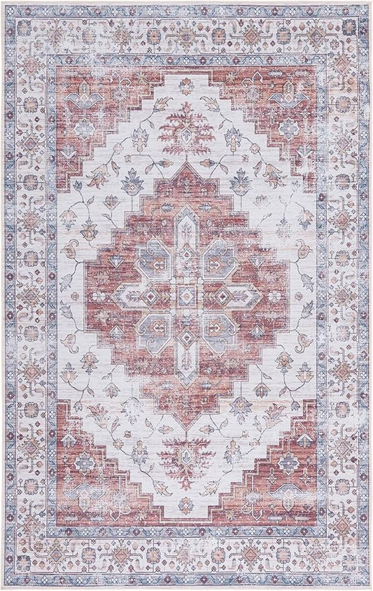 SAFAVIEH Washable Rug Tucson Collection - 3' x 5', Ivory & Rust, Slip Resistant & Easy to Clean, Ideal for Foyer, Entryway, Kitchen, Bedroom (TSN109A)