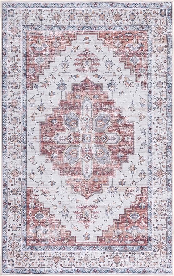 SAFAVIEH Washable Rug Tucson Collection - 5' x 8', Ivory & Rust, Slip Resistant & Easy to Clean, Ideal for Living Room, Bedroom, Dining Space (TSN109A)