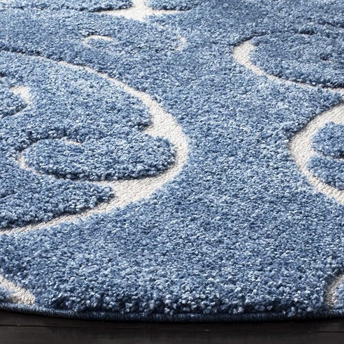 SAFAVIEH Florida Shag Collection Area Rug - 4' Round, Light Blue & Cream, Scroll Design, Non-Shedding & Easy to Clean, High-Low Plush Pile, Ideal for Living Room, Bedroom, Dining Space (SG455-6011)