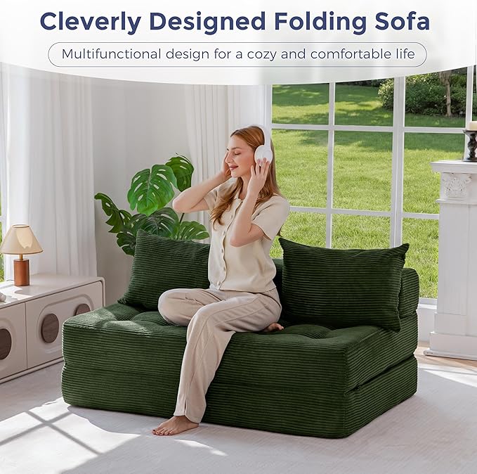MAXYOYO Folding Sofa Couch, Convertible Floor Sleeper Couch with 3 Pillows, Tufted Floor Oversized Loveseat Couch Tufted Fold Out Chair Bed Comfy Sofa Lounge for Living Room Bedroom, Dark Green