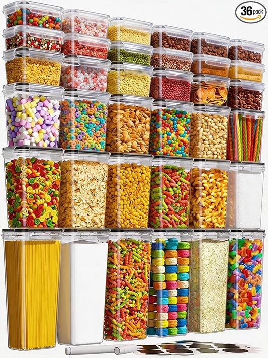 36 PCS Airtight Food Storage Containers with Lids, Kitchen Pantry Organization and Storage, BPA-Free Plastic Scale Food Canisters for Cereal, Flour, Sugar, Dry Food, Include Labels & Marker