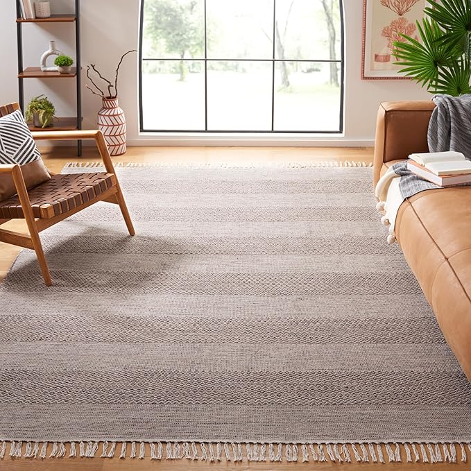 SAFAVIEH Montauk Collection X-Large Area Rug - 11' x 15', Ivory & Steel Grey, Handmade Flat Weave Boho Farmhouse Cotton Tassel Fringe, Ideal for High Traffic Areas in Living Room, Bedroom (MTK330M)