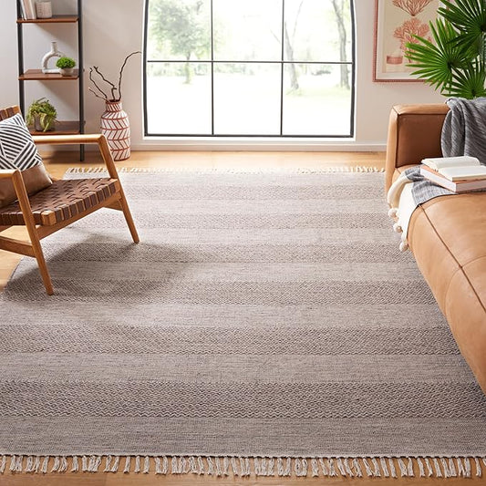 SAFAVIEH Montauk Collection Area Rug - 9' x 12', Ivory & Steel Grey, Handmade Flat Weave Boho Farmhouse Cotton Tassel Fringe, Ideal for High Traffic Areas in Living Room, Bedroom (MTK330M)