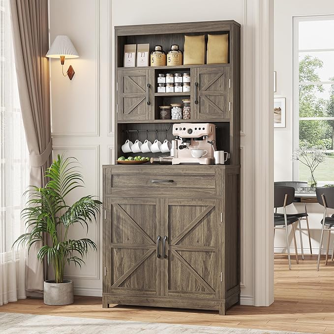 Semoic 69.3" Tall Kitchen Pantry Cabinet, Farmhouse Large Storage Cabinet with 2 Barn Doors, 1 Drawer and Storage Shelves, Buffet Cupboard Kitchen Hutch with Wide Countertop and Charge Holes, Brown