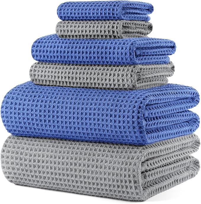 430 GSM Microfiber Quick Dry Lint Free Oversize Bath Towel Set, 6 Piece (Waffle Weave)