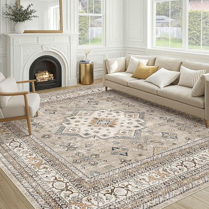 Vintage Living Room Square Area Rug 8x8 - Large Soft Washable Oriental Traditional Distressed Farmhouse Rugs for Bedroom - Indoor Floor Accent Carpet for Home Office House Decor - Beige