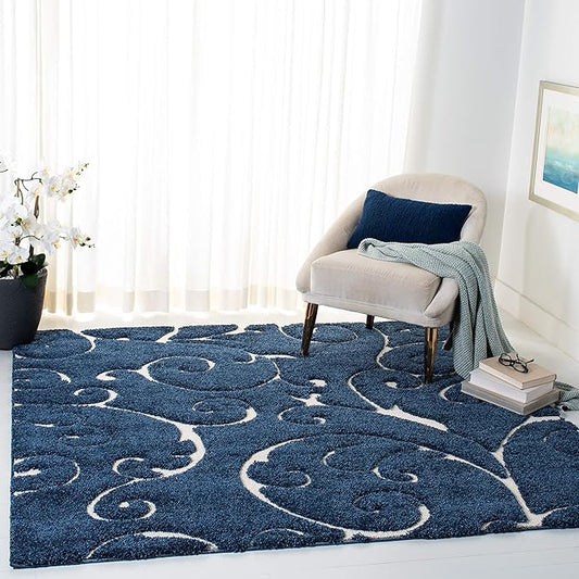 SAFAVIEH Florida Shag Collection Area Rug - 8' Square, Dark Blue & Cream, Scroll Design, Non-Shedding & Easy to Clean, High-Low Plush Pile, Ideal for Living Room, Bedroom, Dining Space (SG455-6511)